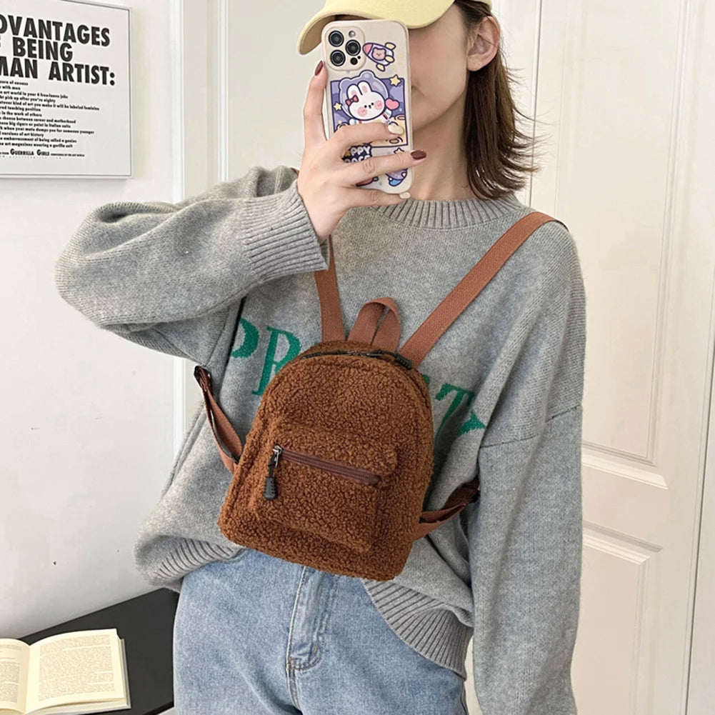 Mini Lamb Wool Backpack Preppy Style Casual Rucksacks