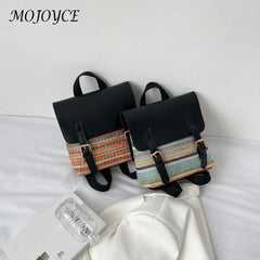 Women Multi-Function Backpack Straw PU Leather School Bag
