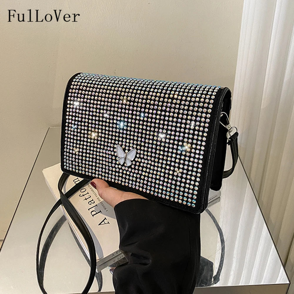 Rhinestone Shoulder Bag Butterfly Decoration Square Bag