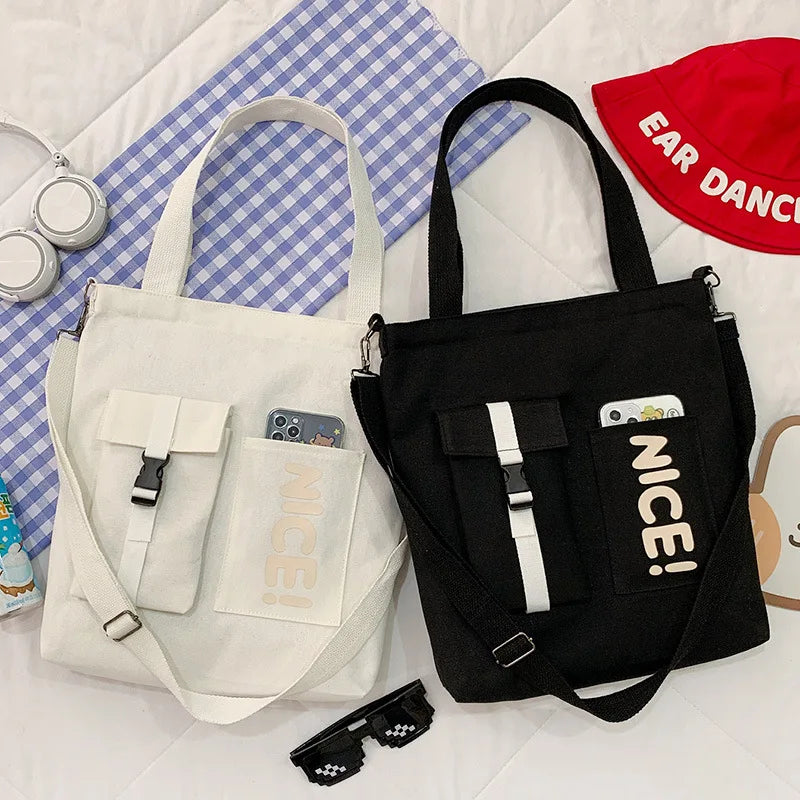 Women Canvas Bag Student Handbag Large Capacity Messenger Shoulder Bag