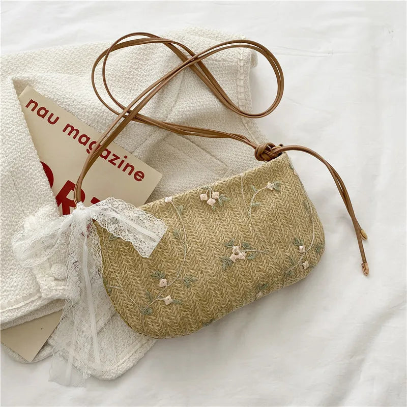 Women Straw Lace Crossbody Bag Flowers Embroidery Shoulder Messenger Bags