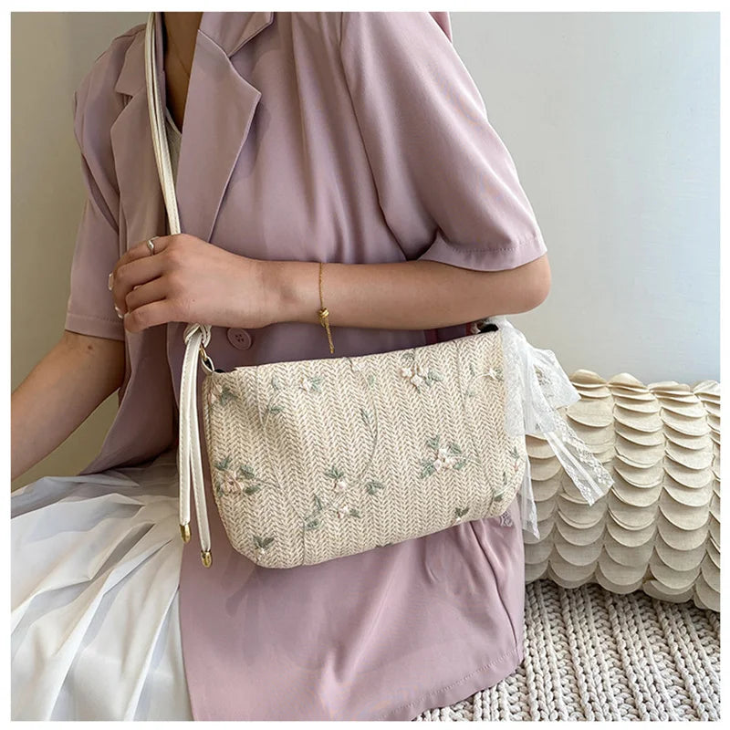 Women Straw Lace Crossbody Bag Flowers Embroidery Shoulder Messenger Bags