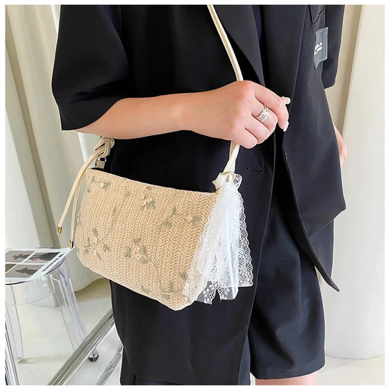 Women Straw Lace Crossbody Bag Flowers Embroidery Shoulder Messenger Bags