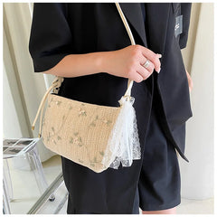 Women Straw Lace Crossbody Bag Flowers Embroidery Shoulder Messenger Bags