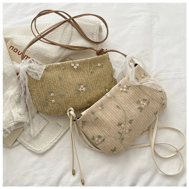 Women Straw Lace Crossbody Bag Flowers Embroidery Shoulder Messenger Bags