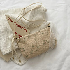 Women Straw Lace Crossbody Bag Flowers Embroidery Shoulder Messenger Bags