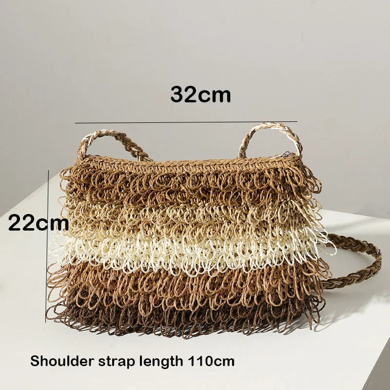 Women Striped Straw Bag One-shoulder Tassel Small Hand-woven Bag