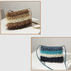 Women Striped Straw Bag One-shoulder Tassel Small Hand-woven Bag