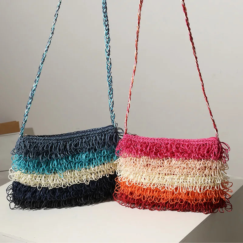 Women Striped Straw Bag One-shoulder Tassel Small Hand-woven Bag