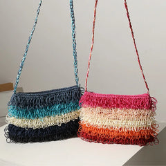 Women Striped Straw Bag One-shoulder Tassel Small Hand-woven Bag