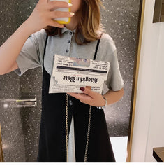 Women Newspaper Print Shoulder Bag Messenger Envelope Clutch Purse