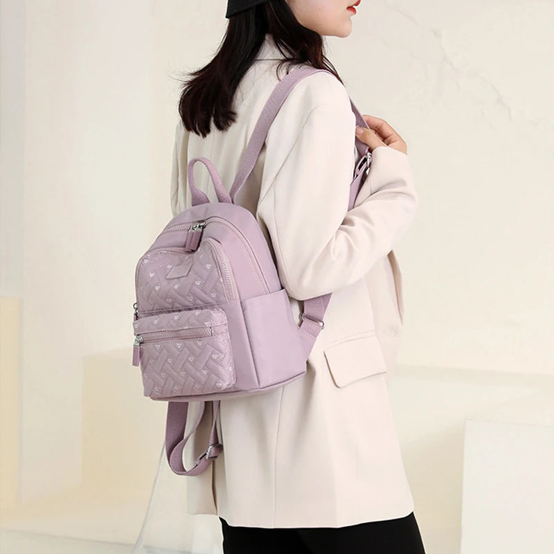 Heart Embroidered Nylon Backpacks for Women Plaid Shoulder Bags