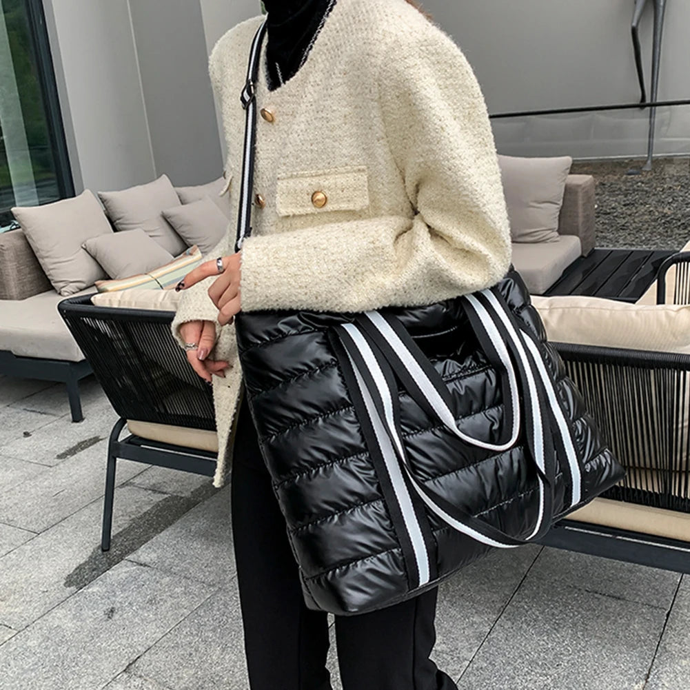 Women Nylon Padded Quilted Handbag Winter Warm Tote Bag Large Capacity Handbag