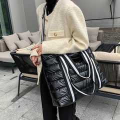 Women Nylon Padded Quilted Handbag Winter Warm Tote Bag Large Capacity Handbag