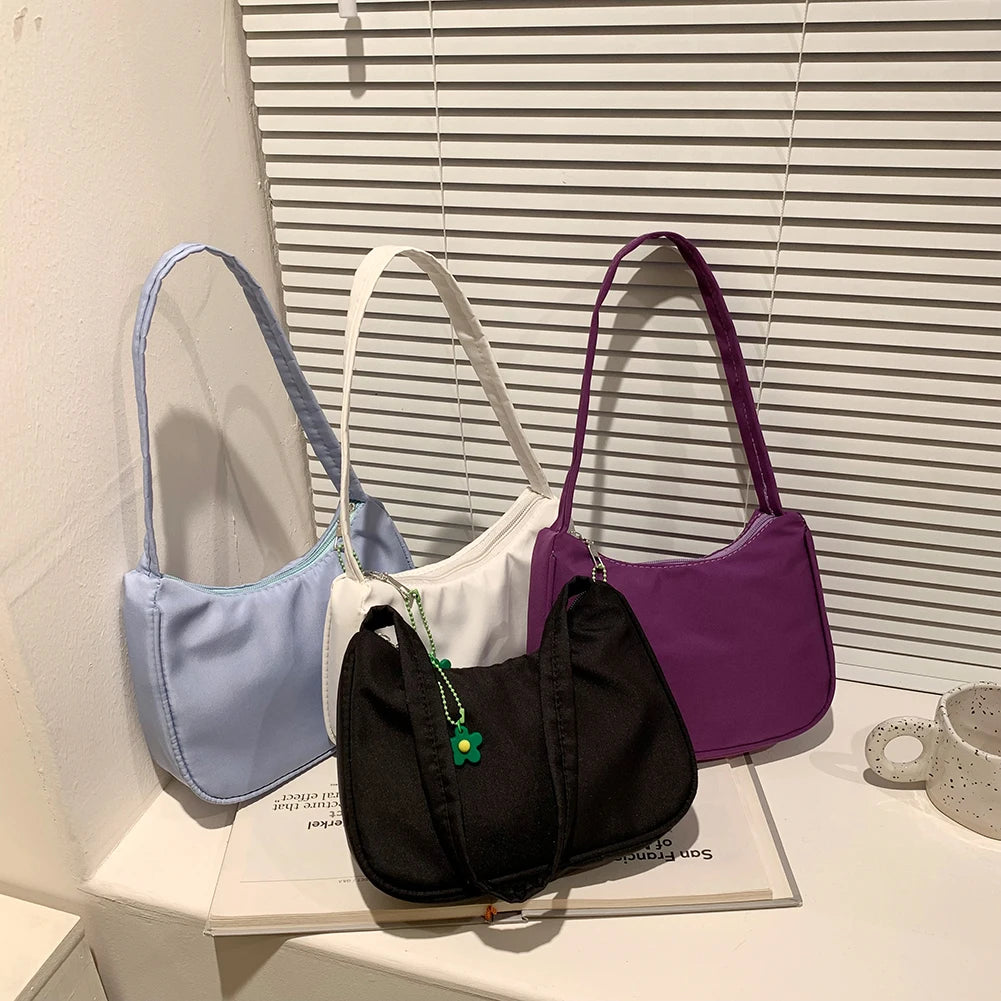 Small Underarm Nylon Shoulder Bag with Flower Pendant