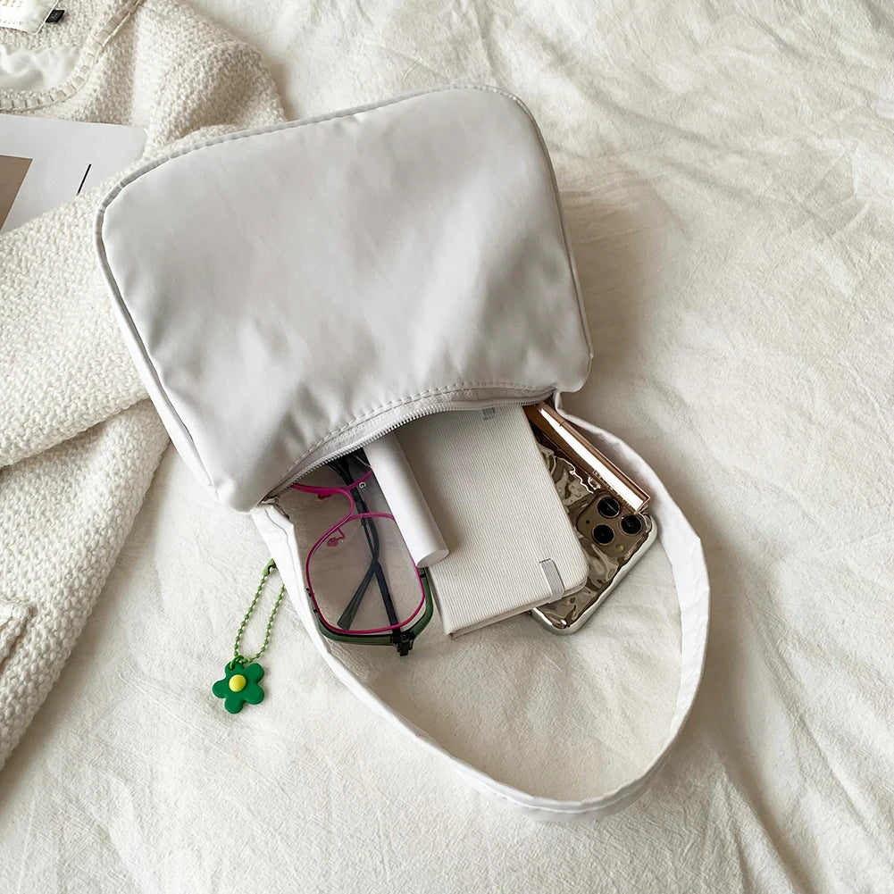 Small Underarm Nylon Shoulder Bag with Flower Pendant