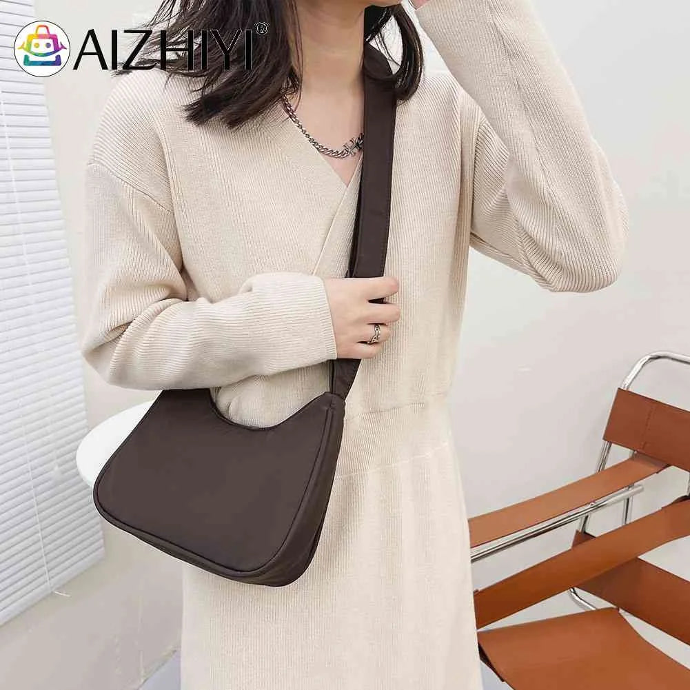 Women Nylon Solid Armpit Bag Lady Zipper Small Crescent Phone Shoulder Bag