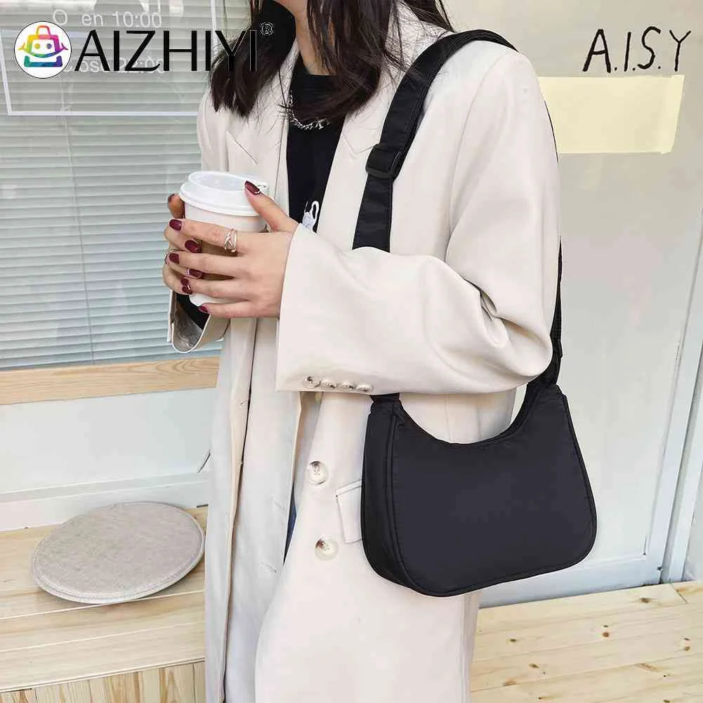 Women Nylon Solid Armpit Bag Lady Zipper Small Crescent Phone Shoulder Bag
