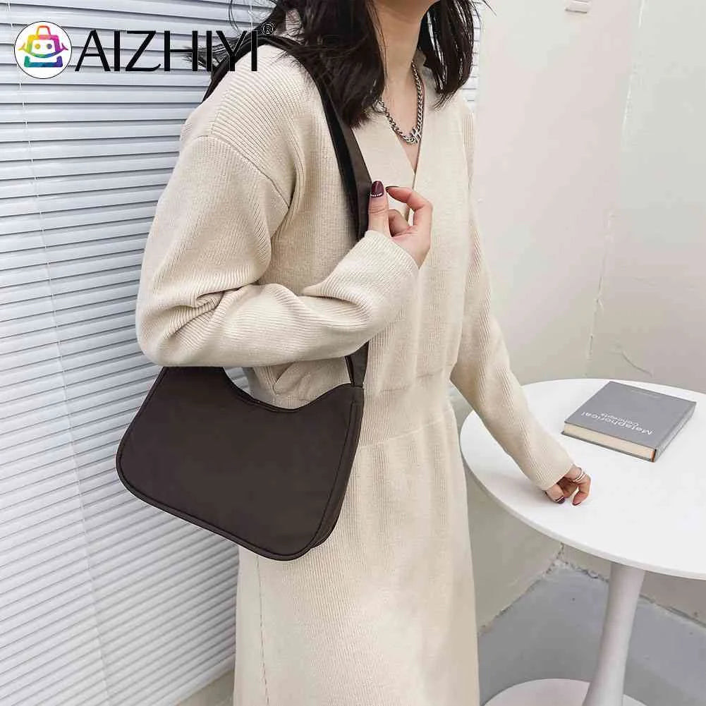 Women Nylon Solid Armpit Bag Lady Zipper Small Crescent Phone Shoulder Bag