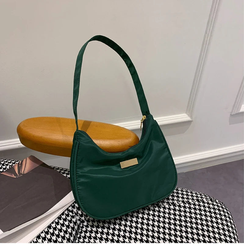 Women Nylon Solid Shoulder Bag Zipper Small Crescent Messenger Handbags