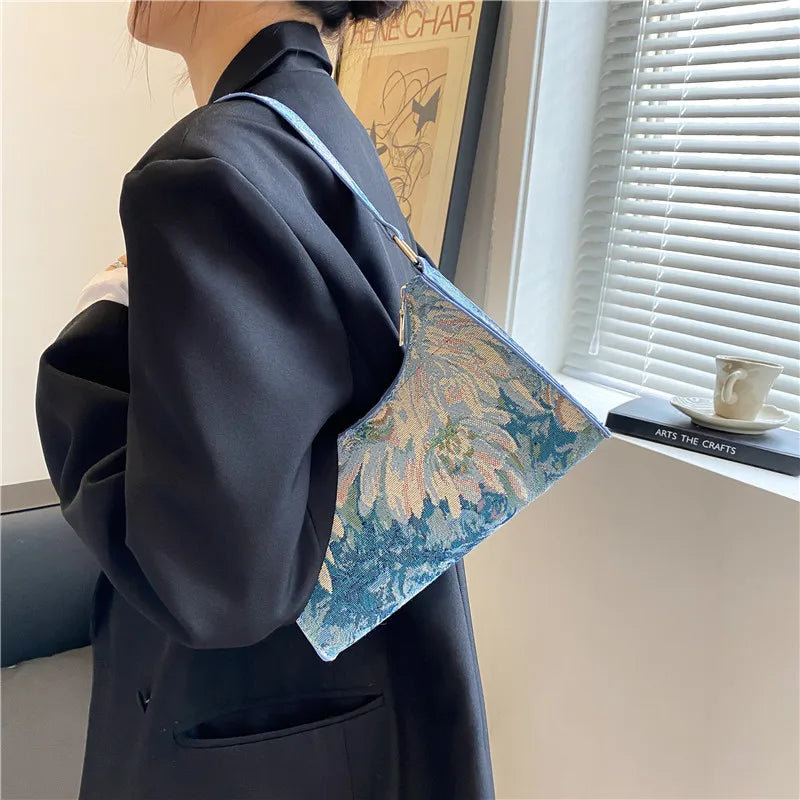 Women Oil Painting Printed Shoulder Underarm Bag Ladies Small Purse Handbags