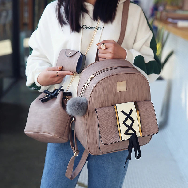 PU Leather Backpacks Teenage Girls Travel Bag Shoulder Set