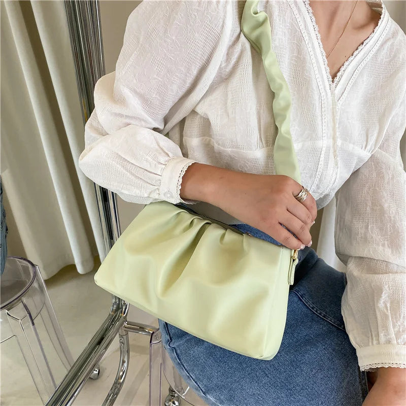 Soft Ruched PU Leather Shoulder Bag Large Capacity Zipper Cross-body