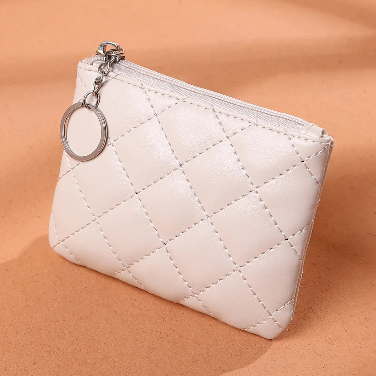 PU Leather Zip Coin Wallet Key Chain Small Purse Money Diamond Pattern