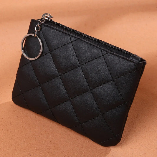 PU Leather Zip Coin Wallet Key Chain Small Purse Money Diamond Pattern