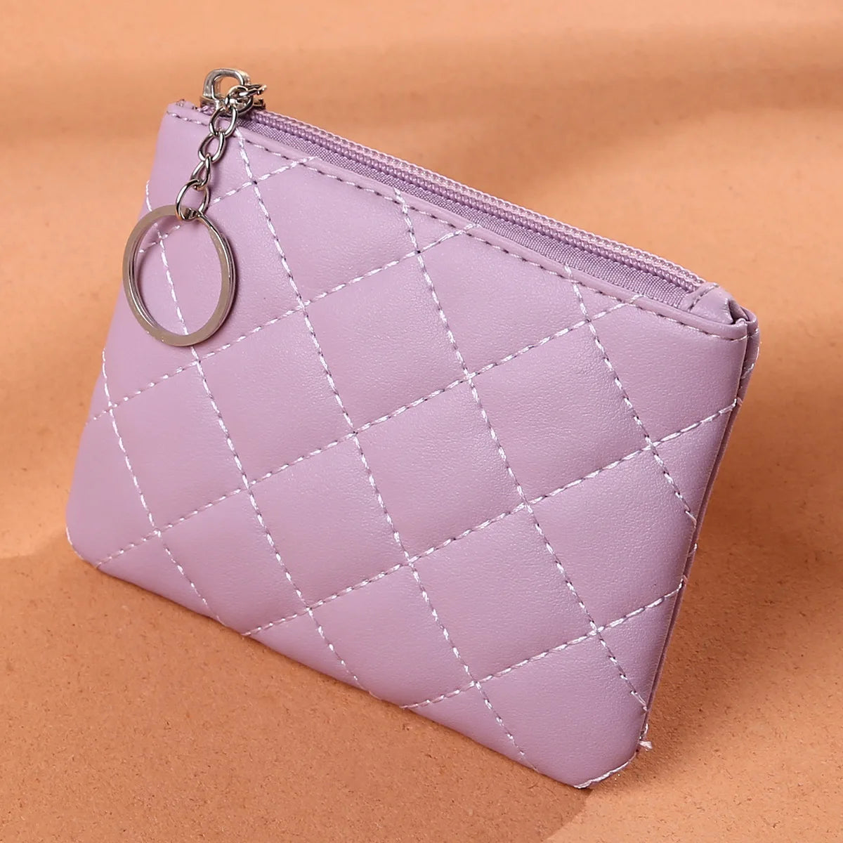 PU Leather Zip Coin Wallet Key Chain Small Purse Money Diamond Pattern