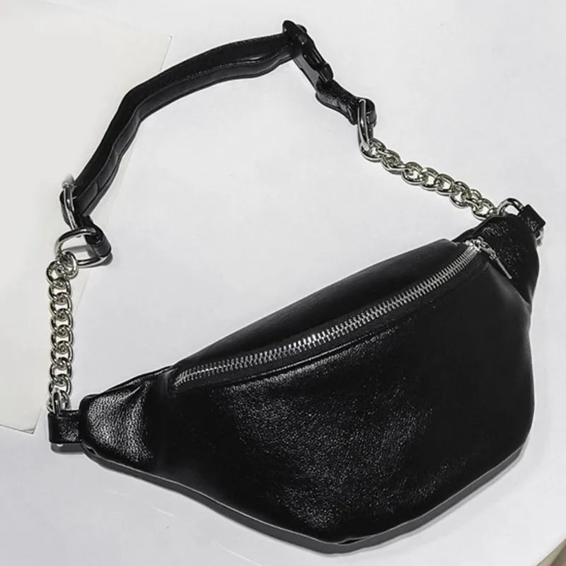 Women PU Waist Bag Chain Zipper Fanny Pack Travel Belt Purse