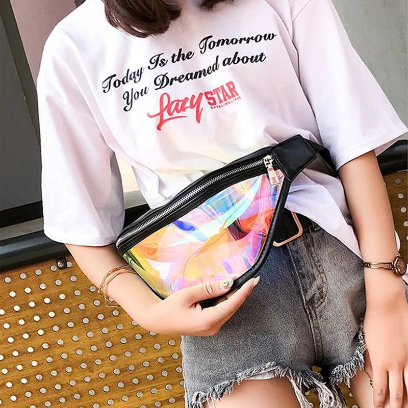 Women PVC Laser Hologram Waist Pack Fanny Pack Zipper Reflective Belt Bag