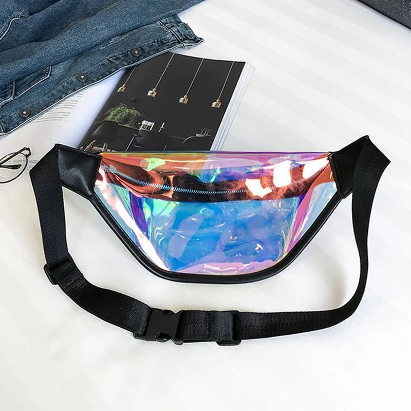 Women PVC Laser Hologram Waist Pack Fanny Pack Zipper Reflective Belt Bag