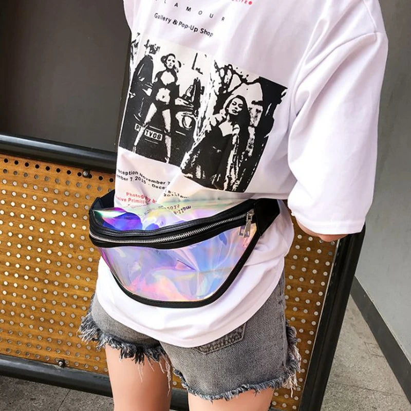 Women PVC Laser Hologram Waist Pack Fanny Pack Zipper Reflective Belt Bag