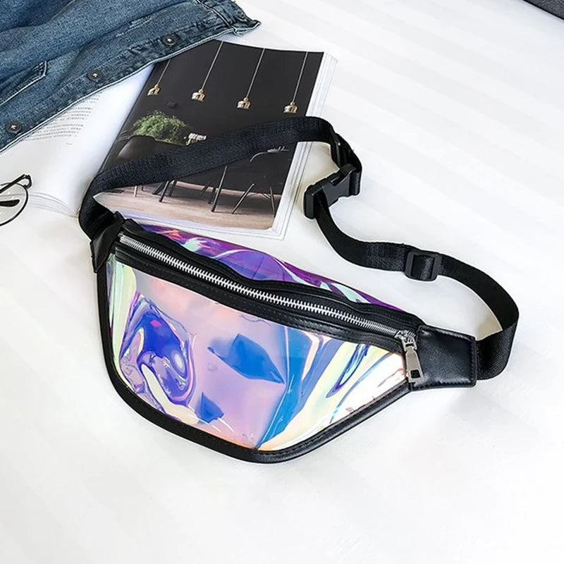 Women PVC Laser Hologram Waist Pack Fanny Pack Zipper Reflective Belt Bag