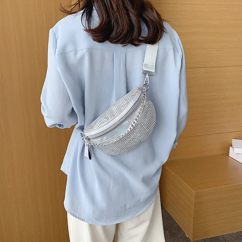 Women Diamond Bling Waist Bag Splicing Crossbody Chest Handbag