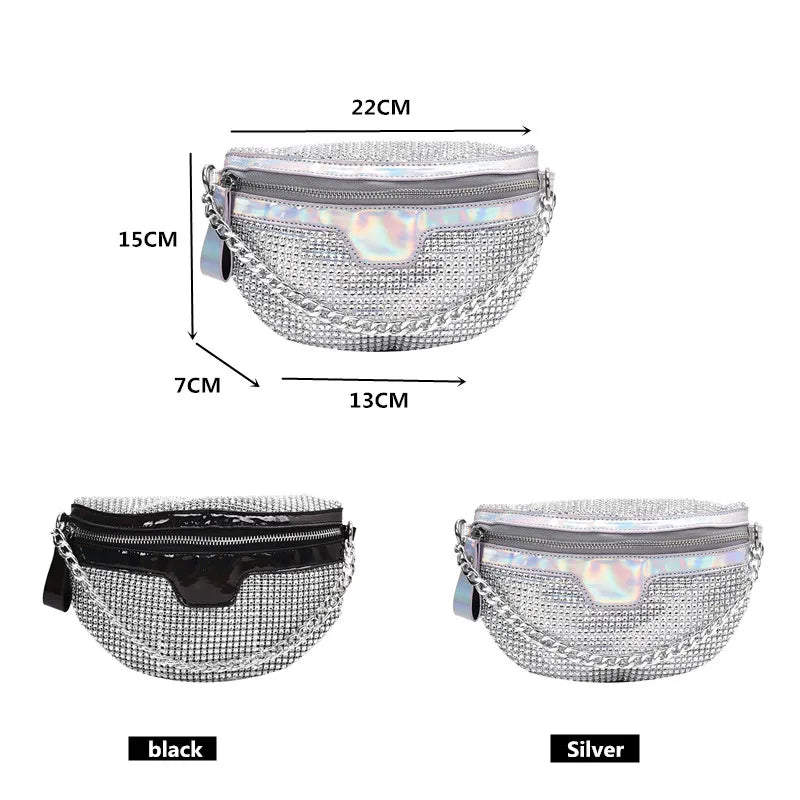 Women Diamond Bling Waist Bag Splicing Crossbody Chest Handbag
