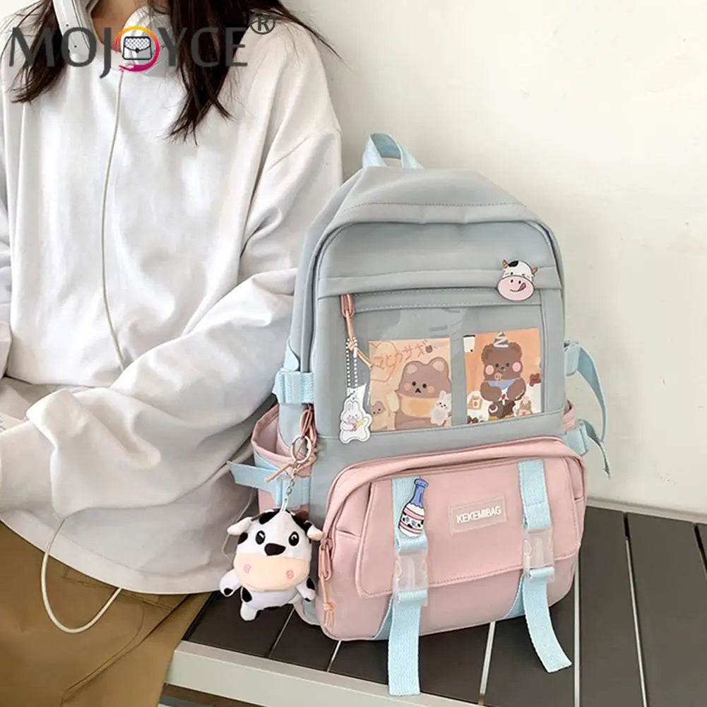 Women Patchwork Knapsack Contrast Backpacks Cartoon Pattern Bags