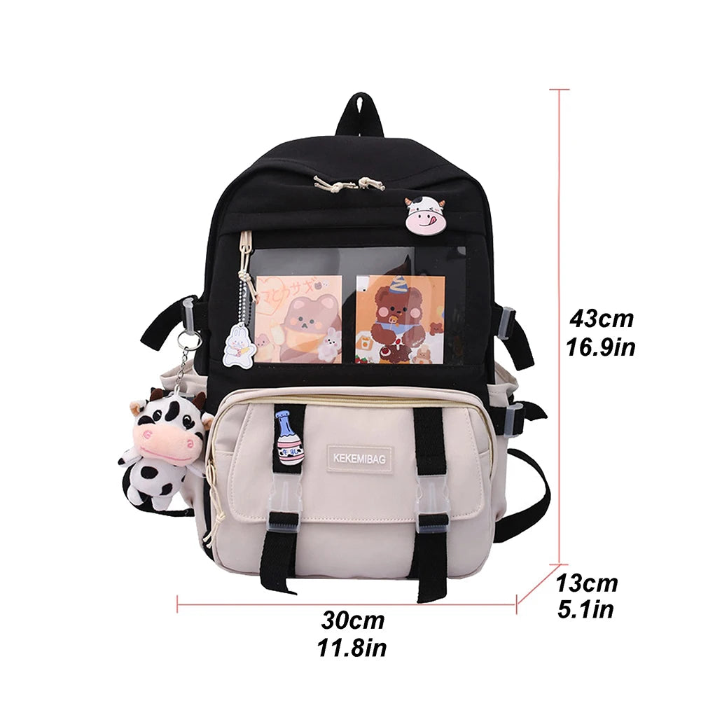 Women Patchwork Knapsack Contrast Backpacks Cartoon Pattern Bags