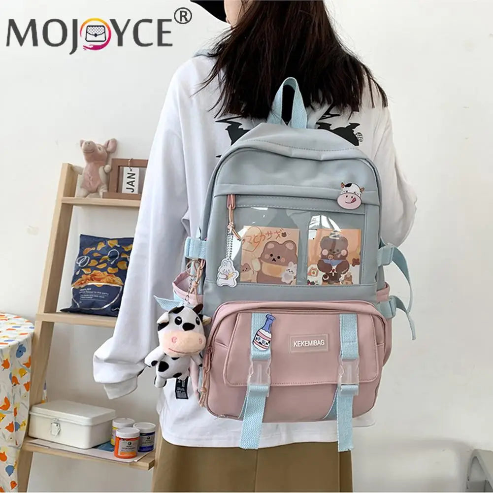 Women Patchwork Knapsack Contrast Backpacks Cartoon Pattern Bags