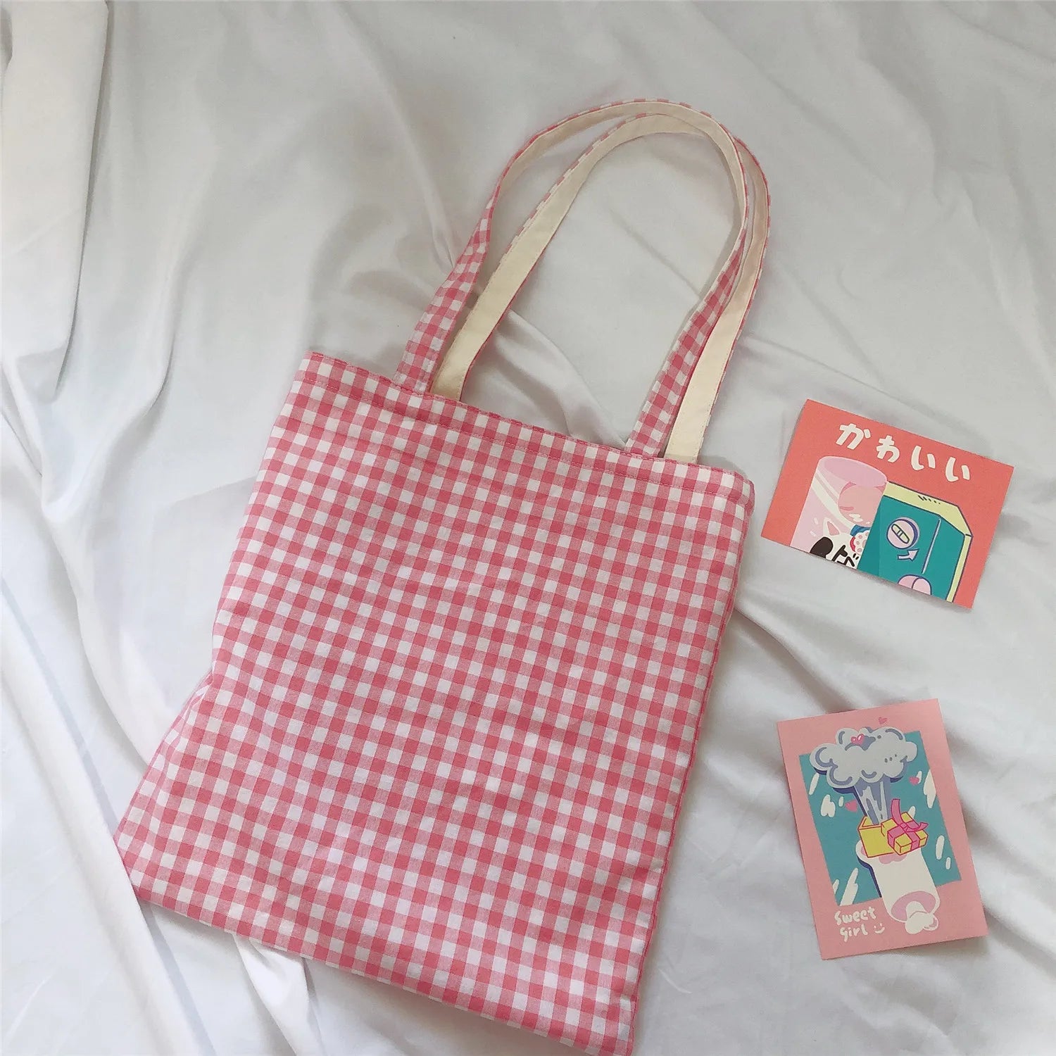Plaid Canvas Shoulder Bag Large Eco-Friendly Tote Bags Women Gift
