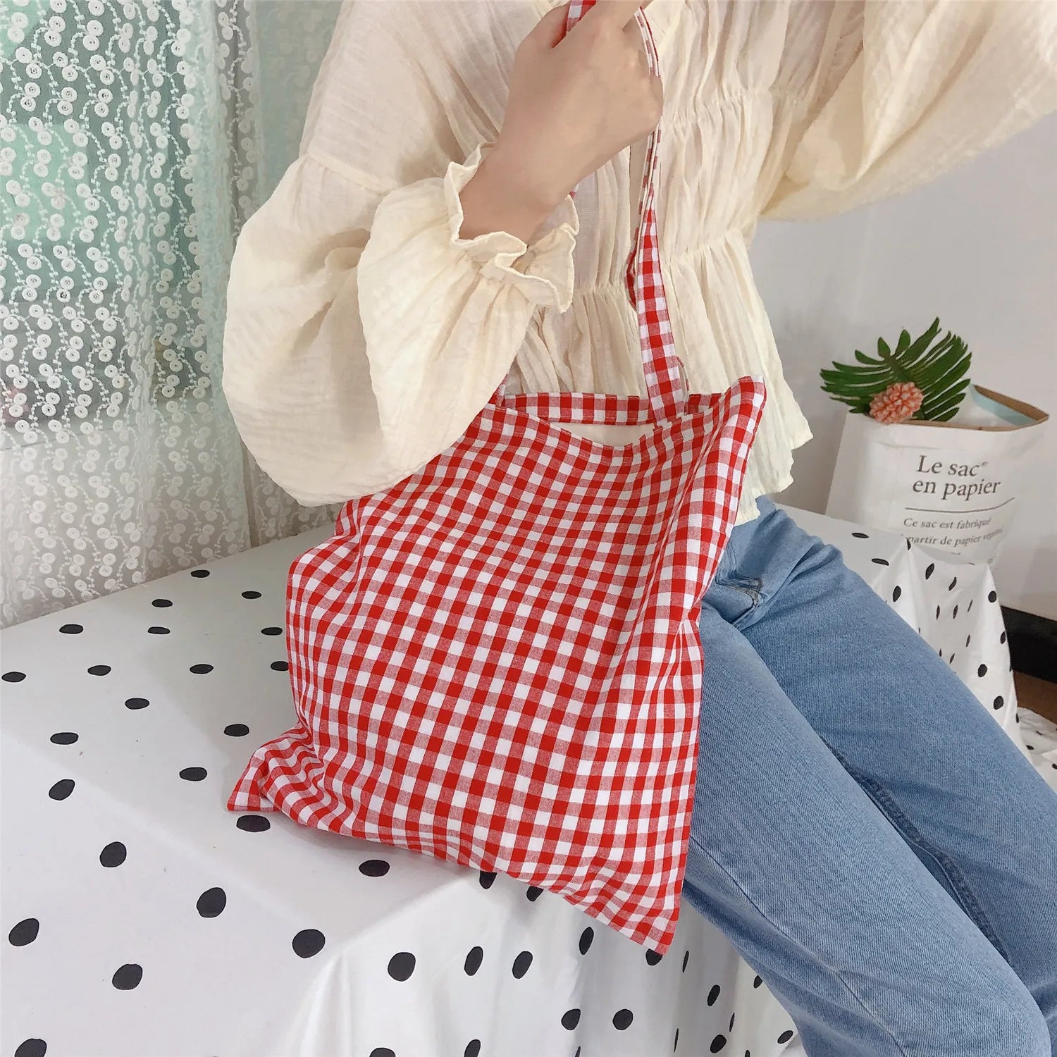 Plaid Canvas Shoulder Bag Large Eco-Friendly Tote Bags Women Gift