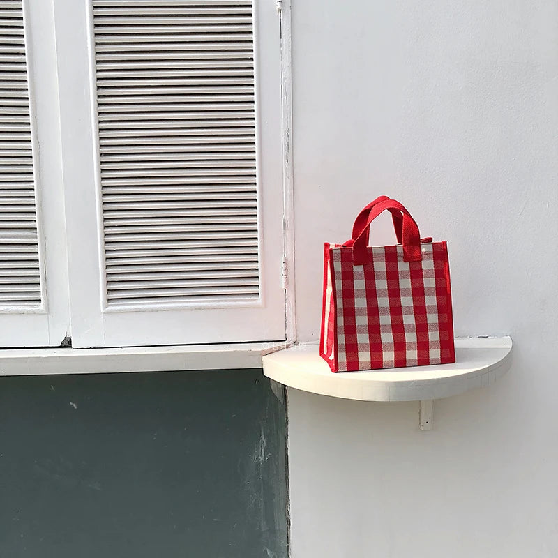 Women Plaid Canvas Tote Bag Retro Girls Large Carrying Lunch Box Shoulder Shoppi