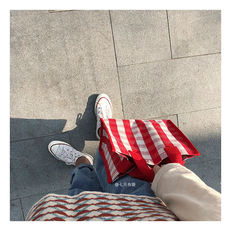 Women Plaid Canvas Tote Bag Retro Girls Large Carrying Lunch Box Shoulder Shoppi