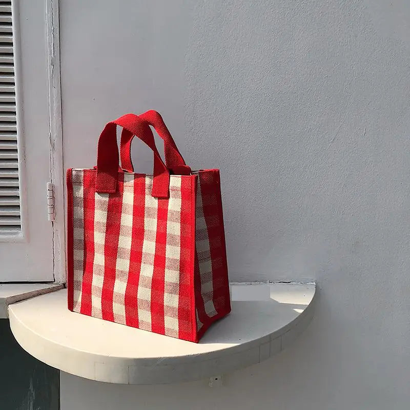 Women Plaid Canvas Tote Bag Retro Girls Large Carrying Lunch Box Shoulder Shoppi