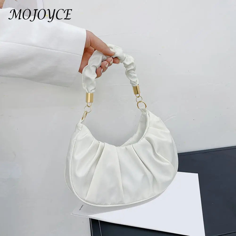Women Pleated Bag Solid Hobos Shoulder Underarm Bag Ladies Casual PU Leather