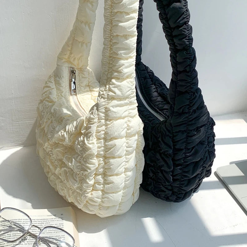 Women Pleated Lattice Shoulder Bag Large Capacity Crossbody Tote Soft Handbag