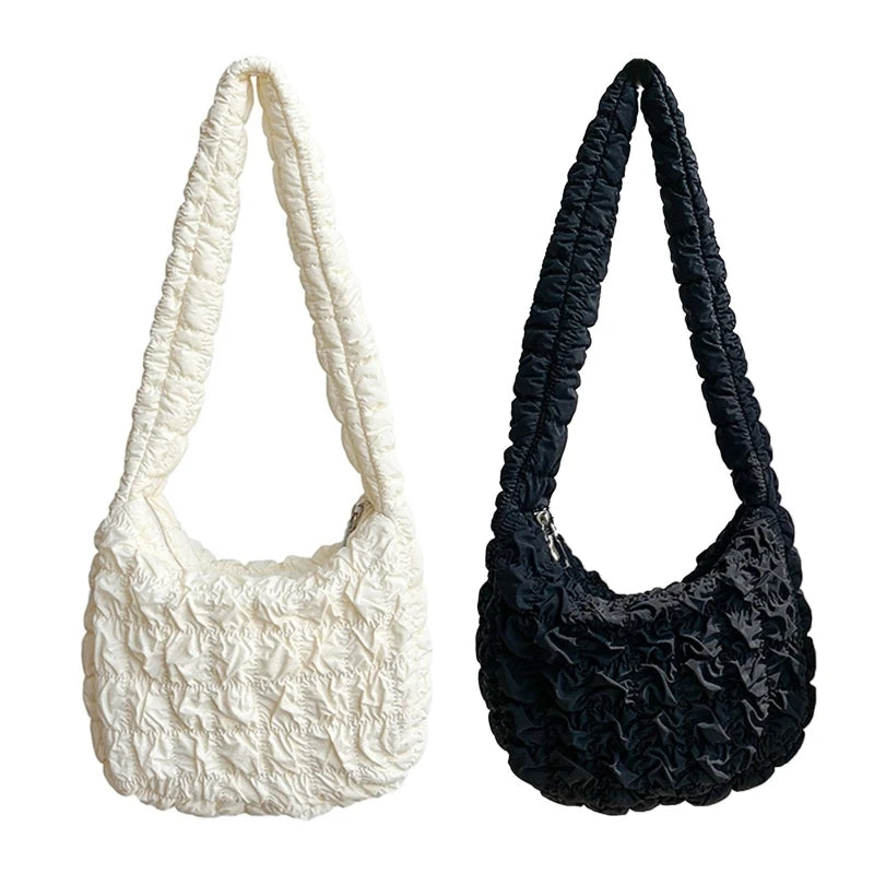 Women Pleated Lattice Shoulder Bag Large Capacity Crossbody Tote Soft Handbag