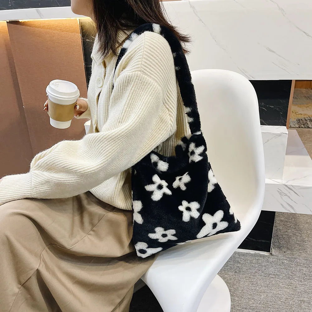 Women Plush Shoulder Bag Animal Pattern Print Shopper Bag