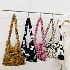 Women Plush Shoulder Bag Animal Pattern Print Shopper Bag